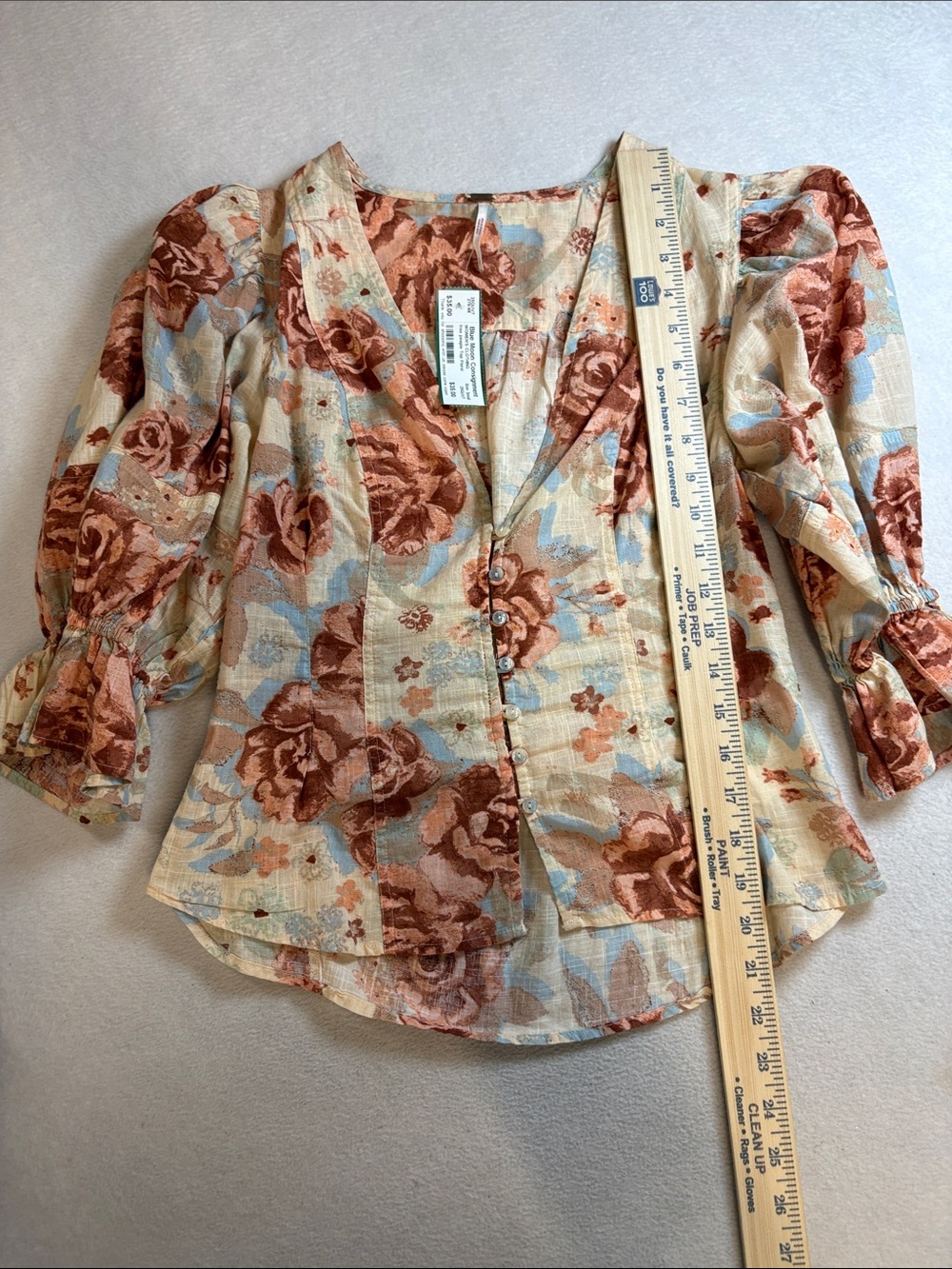 Free People Floral Button-Up Puff Sleeve Blouse - Cream, Rust & Light Blue